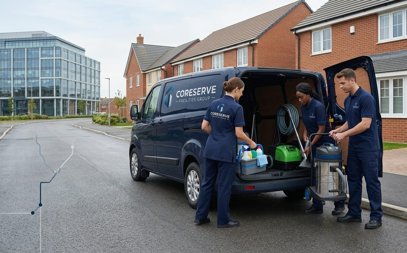 Coreserve team loading professional cleaning equipment for nationwide UK service
