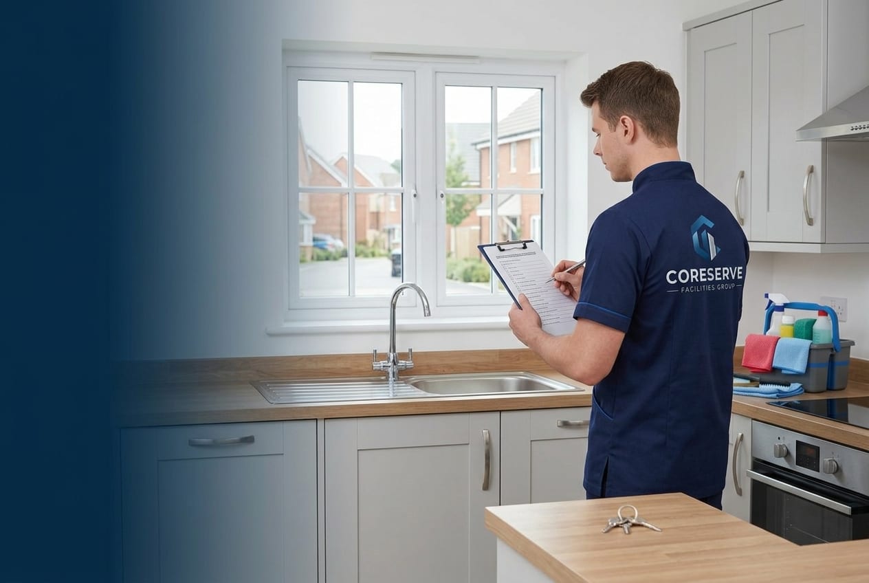 Coreserve team member completing a room-by-room cleaning checklist