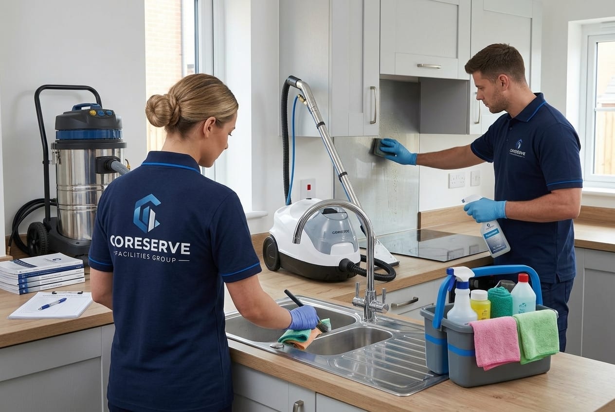 Coreserve team deep cleaning a kitchen