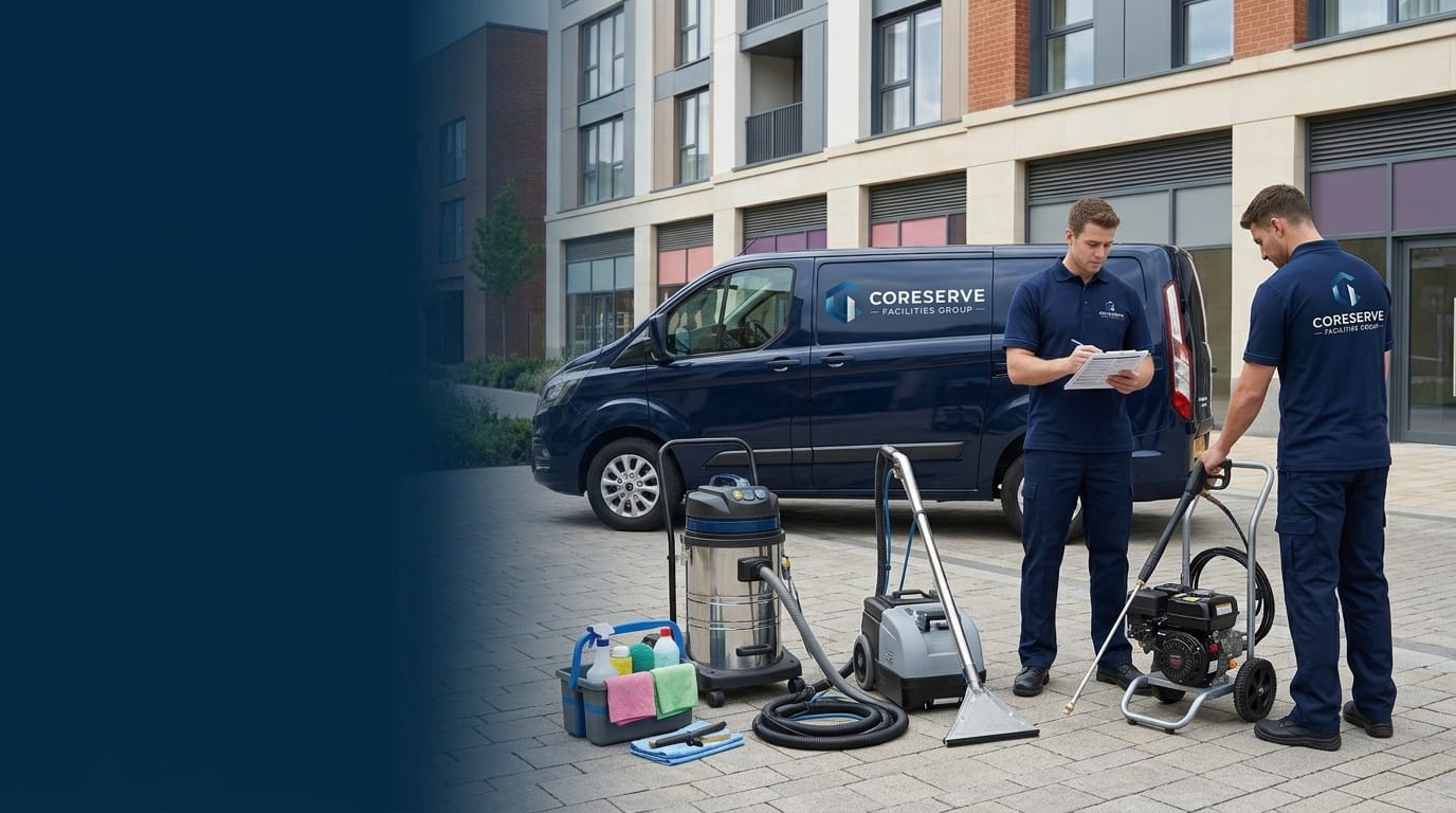 Coreserve cleaning team preparing professional equipment outside a managed property